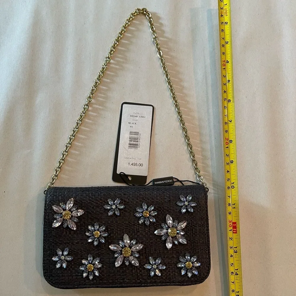Dolce&Gabbana Floral Embellished Black Raffia Clutch NWT Pristine Condition